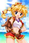  blonde_hair blue_eyes blush breasts chrono_cross cloud crop_top fang female gloves hand_on_hip jewelry kid_(chrono_cross) long_hair midriff navel necklace ocean outstretched_hand ponytail shorts sky smile solo sun torn_clothes zipang 