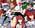  breasts buruma buruma_on_head contemporary grin gym_uniform hong_meiling izayoi_sakuya kasukazu koakuma large_breasts onozuka_komachi remilia_scarlet shikieiki_yamaxanadu short_hair smile touhou volleyball 