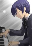   arisato_minato blue_hair bow closed_eyes instrument male persona persona_3 piano ribbon school_uniform segami_daisuke solo  