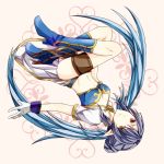  bad_id blue_hair boots convenient_leg elf gloves judith long_hair midriff navel pointy_ears regina_rose smile solo tales_of_(series) tales_of_vesperia upside-down white_background 