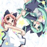  animal_ears aqua_eyes aqua_hair brown_eyes cat_ears cat_tail character_request detached_sleeves fang ham_(points) hand_holding hatsune_miku holding_hands long_hair multiple_girls necktie pink_hair rotational_symmetry skirt smile tail twintails vocaloid 