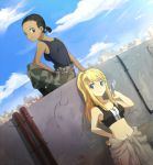  black_hair blonde_hair blue_eyes dark_skin dutch_angle fullmetal_alchemist looking_back mechanic midriff navel paninya ponytail riru sitting tank_top tomboy tubetop winry_rockbell wrench 