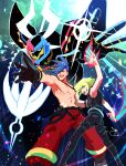 2boys 302 anime_coloring armor ascot bare_shoulders black_gloves blue_eyes blue_hair fire galo_thymos gloves green_fire green_hair highres lio_fotia mad_burnish male_focus multiple_boys no_gloves promare purple_fire pyrokinesis spiky_hair topless_male vest violet_eyes 
