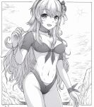  1girl bangs bikini blush bracelet breasts choker dated day eyebrows_visible_through_hair front-tie_bikini front-tie_top greyscale h2_(h20000000) hair_between_eyes hairband jewelry kantai_collection long_hair looking_at_viewer medium_breasts monochrome open_mouth outdoors parted_lips ribbon_choker signature solo star_(symbol) swimsuit very_long_hair washington_(kancolle) 