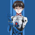  1boy artist_name bambi_surprise blue_background blue_bodysuit bodysuit brown_hair cowboy_shot glaring ikari_shinji interface_headset looking_at_viewer male_focus neon_genesis_evangelion plugsuit solo tight upper_body violet_eyes 