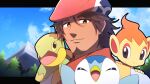  1boy :d bangs belmond_banderas beret blue_sky brown_eyes brown_hair chimchar choco_(chocovix112) closed_eyes closed_mouth clouds cloudy_sky cosplay eyebrows_visible_through_hair facial_hair hair_between_eyes hat highres letterboxed lucas_(pokemon) lucas_(pokemon)_(cosplay) male_focus mountain nijisanji parted_bangs piplup poke_ball_symbol pokemon pokemon_(creature) pokemon_(game) pokemon_dppt red_headwear red_scarf scarf sky smile stubble thick_eyebrows turtwig upper_body virtual_youtuber 