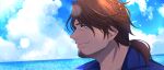  1boy bangs belmond_banderas blue_shirt blue_sky brown_eyes brown_hair choco_(chocovix112) closed_mouth clouds cloudy_sky collared_shirt eyebrows_behind_hair from_side highres horizon long_hair looking_away low_ponytail male_focus nijisanji ocean outdoors parted_bangs ponytail profile shirt sky smile solo thick_eyebrows virtual_youtuber water 