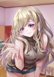  1girl bangs bedroom blonde_hair blush brown_sweater_vest closed_mouth eye_piercing eyebrows_visible_through_hair feet_out_of_frame highres leaning_forward long_hair looking_at_viewer nail_polish original pink_nails shorts solo standing sweater_vest violet_eyes yam_(yam6056) 