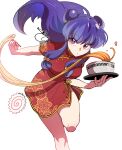  1girl 302 bangs blue_hair bow bowl china_dress chinese_clothes chopsticks double_bun dress food hair_bow highres kamaboko long_hair narutomaki noodles purple_hair ranma_1/2 shampoo_(ranma_1/2) shiny shiny_hair sidelocks solo violet_eyes 