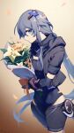  1girl absurdres bandages black_bodysuit black_gloves black_hair blue_eyes bodysuit bouquet closed_mouth elbow_gloves flower fu_hua fu_hua_(shadow_knight) gloves gskrika happy_birthday highres holding holding_bouquet honkai_(series) honkai_impact_3rd long_hair looking_at_viewer petals ponytail smile solo white_flower 
