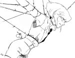 1boy 302 androgynous barbed_wire bare_shoulders blush bound graphite_(medium) greyscale jacket lio_fotia male_focus monochrome promare shirt sidelocks solo tied_up_(nonsexual) torn_clothes torn_shirt traditional_media 
