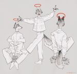  1boy animal_ears animal_hands claws coat collared_coat collared_shirt cross facing_away fur furry furry_male grey_background grey_fur halo highres jack jacket jacket_removed looking_at_viewer looking_to_the_side multiple_views nagabe original pants pocket red_halo shirt shirt_tucked_in slit_pupils stitches tail white_footwear white_jacket white_pants white_shirt wolf_boy wolf_ears wolf_tail 