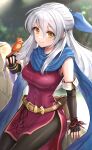  1girl bangle belt bird bird_on_hand black_gloves black_legwear blue_scarf boots bracelet breasts commentary_request covered_navel dress elbow_gloves eyebrows_visible_through_hair fingerless_gloves fire_emblem fire_emblem:_radiant_dawn gloves gonzarez hair_ribbon highres jewelry long_hair looking_at_viewer medium_breasts micaiah_(fire_emblem) pantyhose ribbon scarf short_dress side_slit silver_hair sleeveless sleeveless_dress smile solo thighs yellow_eyes yune_(fire_emblem) 