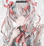  1girl absurdres aiamu_iamu bangs closed_mouth collared_shirt commentary_request eyebrows_visible_through_hair finger_to_mouth grey_eyes grey_hair hair_between_eyes hair_ornament hair_ribbon hairclip hands_up highres holding holding_ribbon jitome long_hair looking_at_viewer neck_ribbon red_ribbon ribbon shirt signature solo twintails upper_body white_shirt 