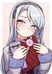  1girl absurdres bangs blush box coat commentary_request flower gift gift_box hairband highres holding holding_gift kantai_collection long_hair long_sleeves namaata official_alternate_costume parted_lips pink_flower plaid plaid_hairband sagiri_(kancolle) silver_hair simple_background solo twitter_username two-tone_background upper_body valentine violet_eyes 