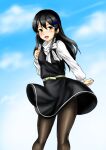  1girl black_dress black_hair black_legwear blue_sky brown_eyes clouds commentary_request dress feet_out_of_frame hair_ornament hairclip kantai_collection kudou_(ooabareteng) long_hair looking_at_viewer official_alternate_costume oyashio_(kancolle) sky smile solo standing sweater white_sweater 