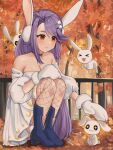  &gt;_&lt; 1girl animal_ears autumn_leaves blue_footwear breasts challenger_dominiel dress epic_seven fishnet_pantyhose fishnets hair_ornament hairclip high_heels highres leaf long_hair medium_breasts orange_eyes pantyhose purple_hair rabbit rabbit_ears vickie_(cryingrobot) white_dress 