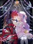  2girls angel angel_wings animal_ears blush breasts brown_hair choker closed_eyes clover_shikamori demon_girl demon_horns demon_wings dress gradient_hair holding_hands horns indie_virtual_youtuber keala_chikafuji kiss large_breasts mini_wings multicolored_hair multiple_girls pale_skin pink_hair purple_hair rabbit_ears rabbit_girl redhead sorani_(kaeru0768) striped striped_legwear thigh-highs virtual_youtuber white_legwear wings yuri 