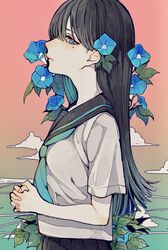  1girl aqua_neckerchief bangs black_hair black_skirt blue_eyes blue_flower closed_mouth clouds cowboy_shot eyebrows_behind_hair flower from_side hair_between_eyes hair_flower hair_ornament highres interlocked_fingers lips long_hair looking_at_viewer mole mole_under_eye neckerchief original own_hands_together plant pleated_skirt sailor_collar shirt sideways_glance skirt solo standing tsubame-shi_(tubame) white_shirt 