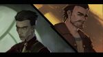  2boys arcane:_league_of_legends bangs beard black_sclera blood blood_on_face brown_shirt closed_mouth collared_shirt colored_sclera facial_hair grey_background grey_eyes hair_slicked_back heterochromia highres jacket jangsunyo league_of_legends looking_at_viewer male_focus multiple_boys necktie open_clothes open_jacket orange_eyes portrait red_jacket red_shirt scar scar_across_eye scar_on_face shirt short_hair silco_(arcane) vander_(arcane) vest 