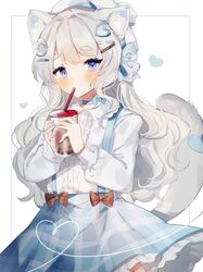  1girl animal_ears blue_eyes blush bubble_tea choker cup dog_ears dog_girl dog_tail dress drinking_straw hair_ornament hairclip hat heart long_sleeves mole mole_under_eye original overall_skirt pale_skin sorani_(kaeru0768) tail white_hair 