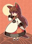  1girl :3 animal_ears black_footwear blush brown_hair chibi closed_mouth eyebrows_visible_through_hair highres imaizumi_kagerou long_hair long_sleeves looking_at_viewer pmx red_eyes smile solo tail touhou wolf_ears wolf_girl wolf_tail 