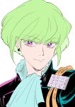  1boy 302 androgynous ascot earrings flat_color green_hair highres jacket jewelry lio_fotia male_focus portrait promare sidelocks smile solo studded_jacket violet_eyes 
