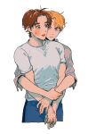  2boys absurdres blue_eyes brown_hair dio_brando fuku_(r-i-h-o) highres hug hug_from_behind jojo_no_kimyou_na_bouken jonathan_joestar male_focus multiple_boys phantom_blood shirt sweatdrop t-shirt white_shirt 