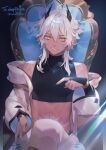  1boy commission crop_top dark_skin demon_boy demon_horns elf horns indie_virtual_youtuber looking_at_viewer marking_on_cheek midriff navel pointy_ears sa9no sitting skeb_commission sleepiijuice throne virtual_youtuber white_hair yellow_eyes 