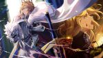  1girl armor armored_dress artoria_pendragon_(fate) artoria_pendragon_(lancer)_(fate) bangs blonde_hair blood blood_on_face blue_eyes braid cape commentary crown crown_braid crying crying_with_eyes_open english_commentary excalibur_(fate/stay_night) fate/grand_order fate_(series) field_of_blades from_side fur-trimmed_cape fur_trim gauntlets green_eyes hair_between_eyes helmet highres holding holding_helmet mixed-language_commentary niac open_mouth saber sidelocks tears 