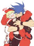  2boys 302 baseball_cap blonde_hair blue_hair choker galo_thymos hat highres hug hug_from_behind itabag jacket lio_fotia male_focus midriff_peek multiple_boys one_eye_closed promare red_jacket spiky_hair 