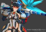  1girl android black_hair breasts cowboy_shot gloves grin highleg highleg_leotard leotard lisa_(pso2) looking_at_viewer mechanical_hair medium_breasts medium_hair phantasy_star phantasy_star_online_2 red_eyes shaded_face smile solo weapon_behind_back y0na 