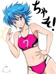  1girl blue_eyes blue_hair blush breasts collarbone eyebrows_visible_through_hair hand_on_hip highres jabara_tornado looking_at_viewer navel nishijima_waon parted_lips precure short_hair small_breasts smile solo spiky_hair sports_bra suite_precure teeth 