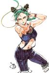  1girl 302 black_hair braid braided_ponytail butterfly_ornament butterfly_tattoo double_bun green_eyes green_hair green_lips hair_cones heart_on_chest highres jojo_no_kimyou_na_bouken kujo_jolyne midriff multicolored_hair navel_piercing piercing solo spider_web_print stone_ocean string tattoo two-tone_hair 