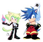  2boys 302 animal_ears animal_nose black_gloves black_jacket blue_eyes blue_fire blue_hair cat_ears cat_tail crossover earrings fire furry furry_male fusion galo_thymos gloves green_hair half_gloves hedgehog_ears hedgehog_tail jacket jewelry lio_fotia male_focus matoi multiple_boys promare purple_fire pyrokinesis sonic_(series) spiky_hair tail topless_male violet_eyes 