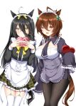  2girls :&lt; :d absurdres ahoge animal_ears apron black_hair black_legwear black_necktie black_shirt bow box breasts brown_hair choker garter_straps green_skirt hair_between_eyes hair_ribbon heart-shaped_box highres horse_ears horse_girl horse_tail large_breasts long_hair looking_at_viewer maid_headdress manhattan_cafe_(umamusume) multiple_girls necktie pantyhose plaid plaid_skirt red_eyes ribbon ryochapu shirt short_apron short_hair simple_background skirt sleeves_past_wrists smile tail thigh-highs umamusume valentine very_long_hair waist_apron white_background white_garter_straps white_headwear white_legwear yellow_bow yellow_eyes yellow_ribbon 