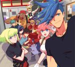  302 aina_ardebit black_shirt blonde_hair blue_eyes blue_hair crossed_arms everyone firefighter galo_thymos green_hair gueira ignis_ex lio_fotia lucia_fex mad_burnish meis_(promare) mouse pink_hair promare remi_puguna shirt sidecut spiky_hair stairs t-shirt vinny_(promare) violet_eyes 