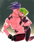  2boys 302 arm_around_back black_gloves black_shirt blue_eyes blue_hair galo_thymos gloves green_hair half_gloves hand_on_hip highres lio_fotia multiple_boys promare shirt size_difference t-shirt topless_male violet_eyes 