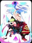  2boys 302 armband armor black_gloves blue_eyes blue_fire blue_hair boots detached_sleeves egasumi fire galo_thymos gloves greaves green_hair hadanugi_dousa hakama half_gloves japanese_armor japanese_clothes katana lio_fotia male_focus matoi multiple_boys promare pyrokinesis sandals short_hair single_detached_sleeve spiky_hair sun suneate sword topless_male violet_eyes weapon 