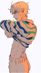  1boy blonde_hair clothes_lift dio_brando fuku_(r-i-h-o) hickey highres jojo_no_kimyou_na_bouken midriff phantom_blood profile red_eyes shirt shirt_lift solo striped striped_shirt sweat 