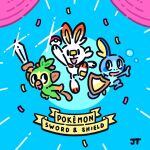  :d arm_up bandaid bandaid_on_nose black_eyes blue_background bright_pupils commentary confetti copyright_name curtains english_commentary glint grookey holding holding_poke_ball holding_sword holding_weapon james_turner no_humans open_mouth poke_ball poke_ball_(basic) pokemon pokemon_(creature) scorbunny shield signature smile sobble solid_oval_eyes starter_pokemon_trio sword weapon white_pupils 
