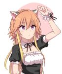 2_nostg animal_ears blonde_hair blush breasts cat_ears collarbone detached_collar eyebrows_visible_through_hair fake_animal_ears idolmaster idolmaster_cinderella_girls light_brown_hair long_hair looking_up maid ninomiya_asuka open_mouth puffy_short_sleeves puffy_sleeves ribbon short_sleeves simple_background small_breasts solo touching_ears upper_body violet_eyes wrist_cuffs 
