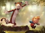  1boy :d black_eyes blonde_hair blue_jacket blurry blurry_background calvin calvin_&amp;_hobbes child day derivative_work grass hobbes jacket jumping long_sleeves open_clothes open_jacket open_mouth outdoors red_shirt shirt short_hair shorts smile spiky_hair standing standing_on_one_leg tail tiger tree_stump yangyexin 