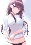  1girl absurdres black_panties breasts brown_hair cowboy_shot highres ichiki_1 large_breasts long_hair long_sleeves looking_at_viewer mole mole_under_eye navel no_pants original panties parted_lips shirt solo stomach string_panties underwear violet_eyes white_shirt 