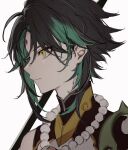  1boy bangs bead_necklace beads black_hair closed_mouth facial_mark forehead_mark genshin_impact green_hair jewelry male_focus multicolored_hair necklace nozz177 portrait profile simple_background solo white_background xiao_(genshin_impact) yellow_eyes 