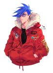  1boy 302 blue_eyes blue_hair coat fur-trimmed_hood fur-trimmed_jacket fur_trim galo_thymos hands_in_pockets highres hood jacket male_focus matoi_tech promare red_coat sidecut solo spiky_hair sticker sunglasses upper_body 