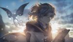  1boy albedo_(genshin_impact) black_gloves blonde_hair blue_eyes blue_sky blurry blurry_background bug butterfly clipboard closed_mouth clouds genshin_impact gloves highres holding holding_clipboard hooded_coat jacket looking_to_the_side medium_hair scar scar_on_neck sky solo sunrise tomanattsu vision_(genshin_impact) white_jacket 