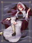  1_i_ki_raku 1girl boots chair cigarette closed_mouth crossed_legs dress hair_over_one_eye halloween high_heel_boots high_heels highres hood hood_up knee_boots looking_at_viewer original red_eyes redhead short_hair sitting smile smoking solo two-tone_footwear white_dress witch 