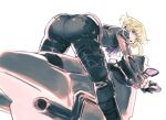  1boy 302 ascot ass bent_over black_jacket blurry depth_of_field gloves green_hair ground_vehicle jacket leaning_forward lio_fotia male_focus motor_vehicle motorcycle promare solo violet_eyes 
