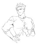  1boy 302 broad_shoulders disembodied_limb greyscale hair_strand highres kray_foresight large_pectorals male_focus monochrome muscular muscular_male one_eye_closed pectoral_cleavage pectorals poking promare shirt short_hair solo taut_clothes taut_shirt 